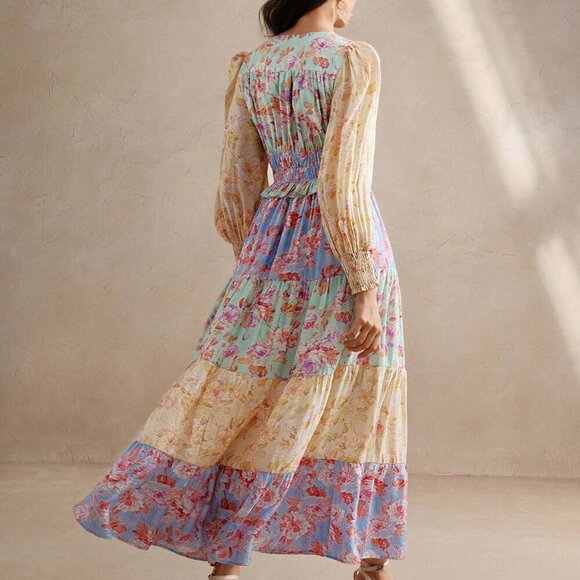 Blue Boho Women's V-Neck Lantern Sleeve A-Line Patchwork Dress - Picture 2 of 7